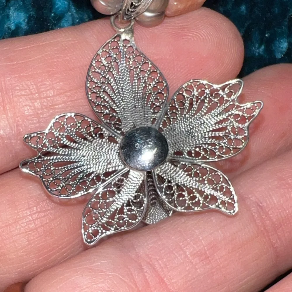 Sterling Silver Floral Pendant Necklace with Green and Orange Beads